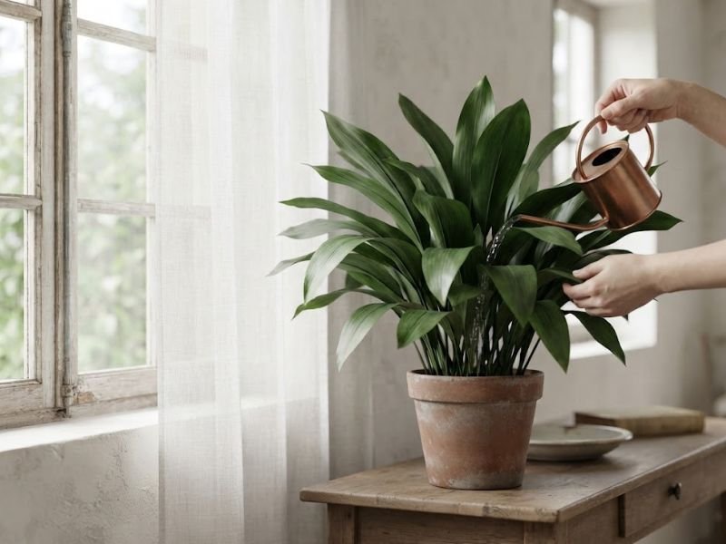 Pessoa regando o substrato de uma aspidistra cultivada em vaso