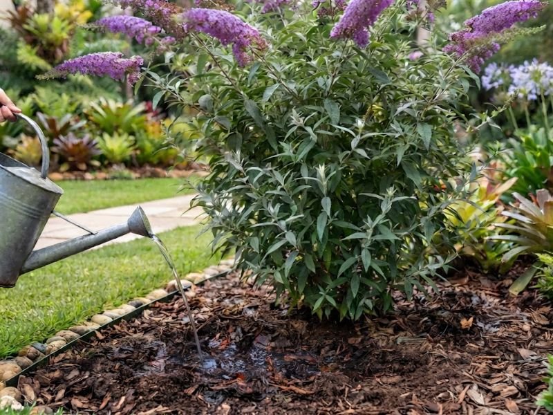 Regador molhando o solo junto à base de uma buddleia saudável