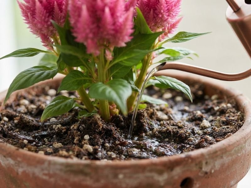 Rega direcionada ao substrato de celósia plumosa rosa cultivada em vaso