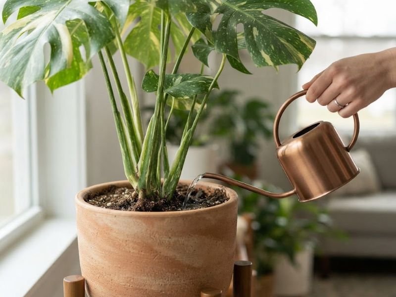 Água sendo aplicada no substrato da costela de adão variegata