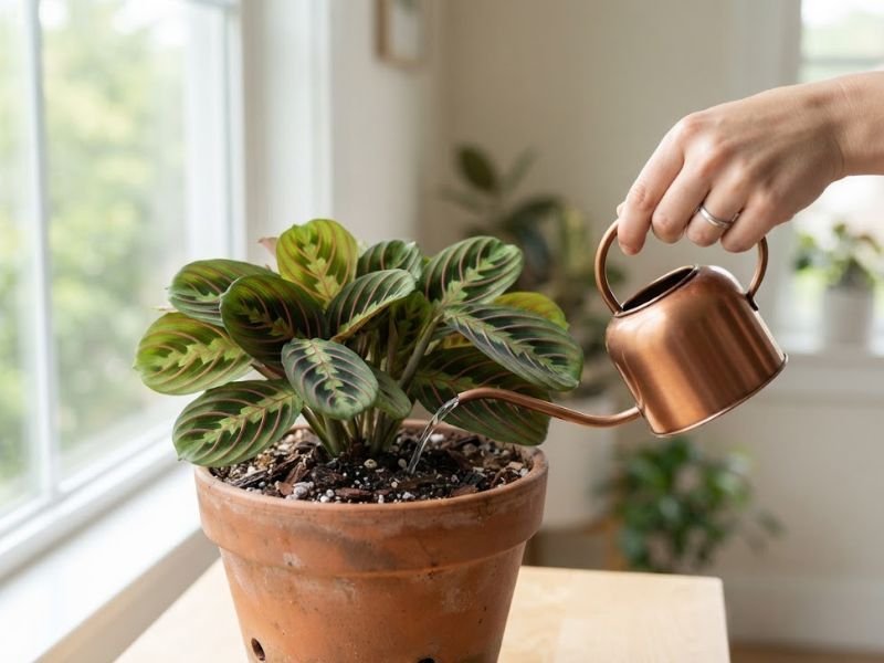 Maranta leuconeura sendo regada diretamente no substrato