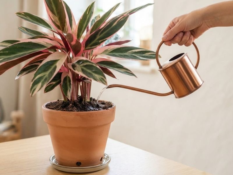 Maranta tricolor sendo regada diretamente no substrato com pequeno regador