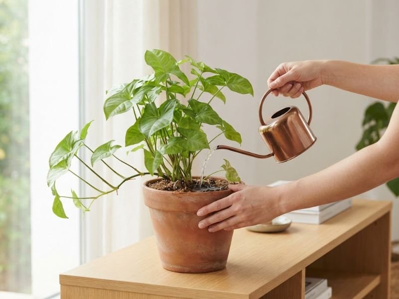 Pessoa regando o substrato de um singônio cultivado em vaso