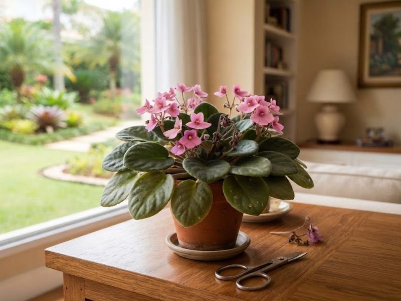 Violeta-africana rosa com hastes florais secas e tesoura apoiada ao lado do vaso