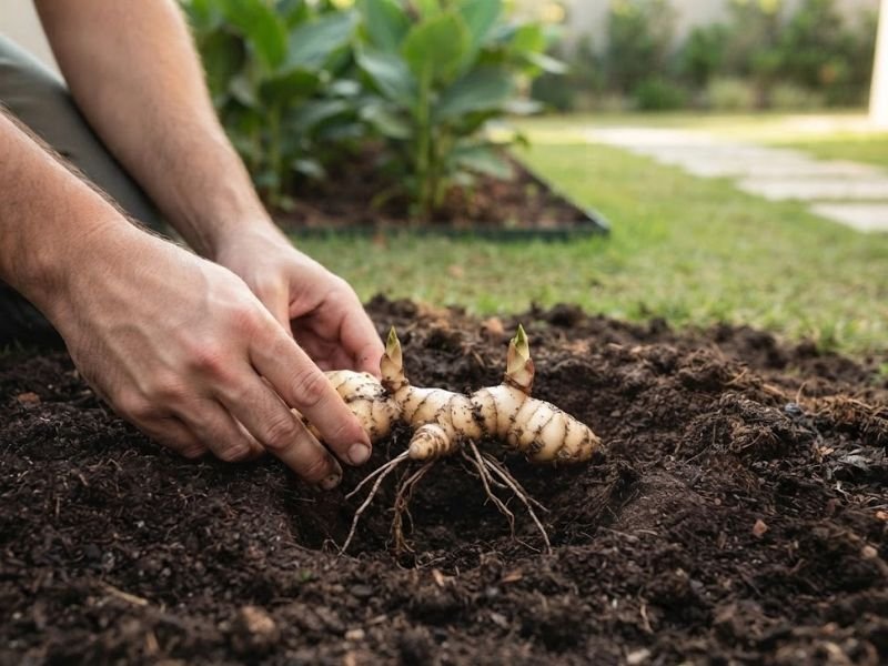 Mãos posicionando horizontalmente um rizoma de cana da índia em uma cova preparada para o plantio.
