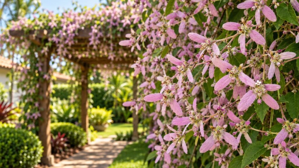 Congéia Congea tomentosa florida em primeiro plano com pergolado coberto ao fundo
