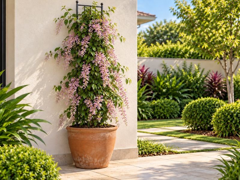 Congéia Congea tomentosa cultivada em vaso grande com suporte vertical no jardim