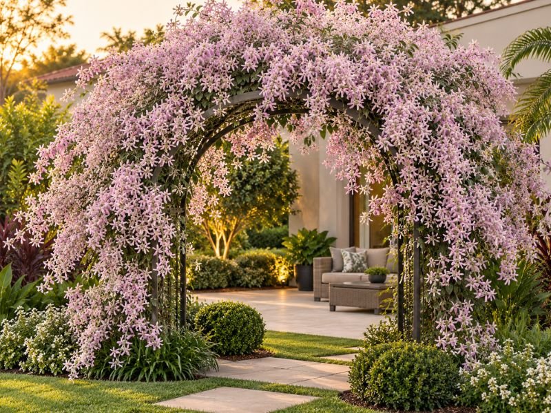 Congéia Congea tomentosa em plena floração cobrindo arco no jardim