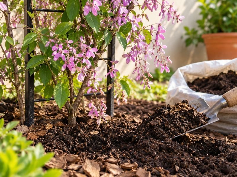 Congéia plantada em solo rico em matéria orgânica com composto ao lado