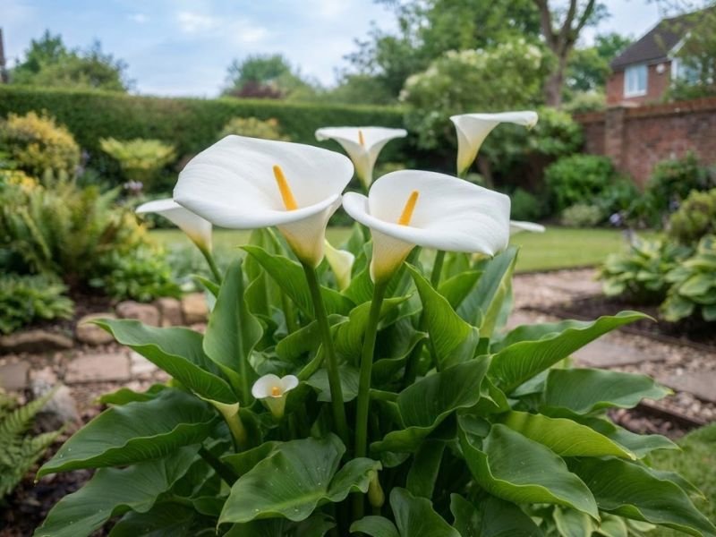 Duas flores de copo de leite branco em destaque, com espatas curvadas, espádices amarelos e folhas verdes.