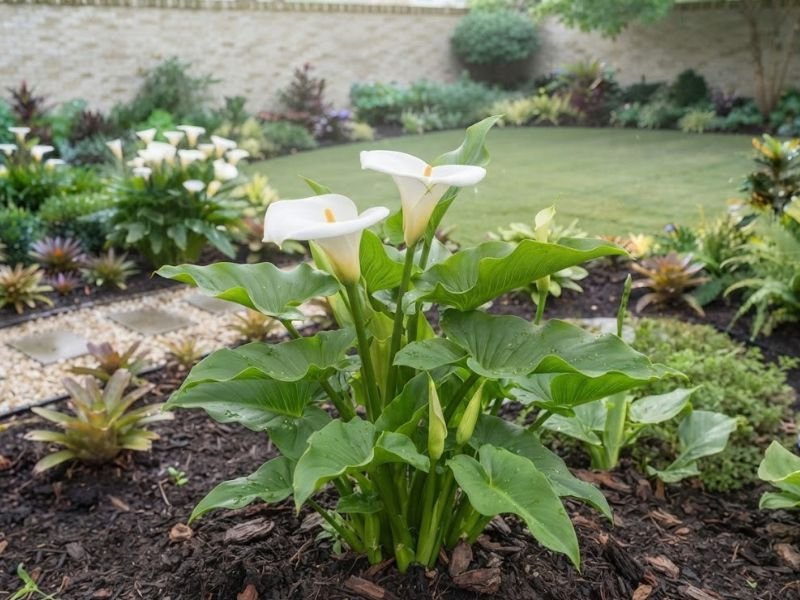 Copo de leite branco em floração, com flores abertas e botões em desenvolvimento entre as folhas verdes.