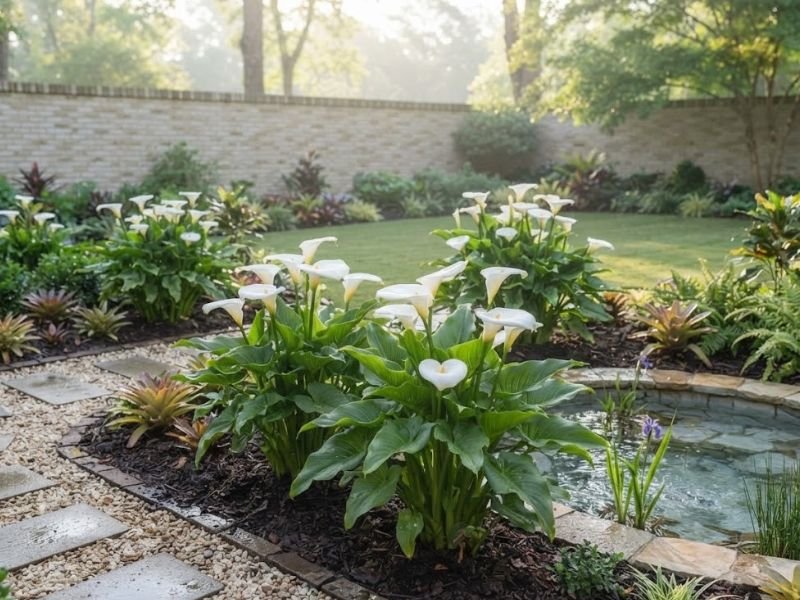 Touceiras de copo de leite branco integradas a um jardim residencial com lago ornamental e caminhos de pedras.