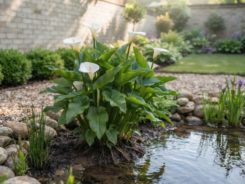 Touceira de copo de leite branco crescendo em solo úmido na margem de um lago ornamental.