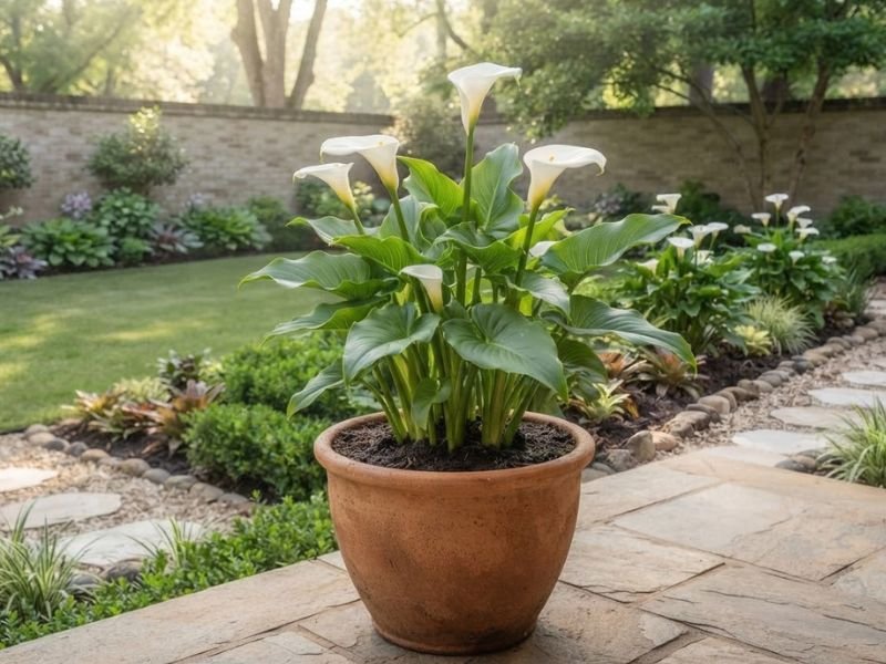 Touceira de copo de leite branco cultivada em vaso grande de cerâmica, com folhas verdes e flores brancas.