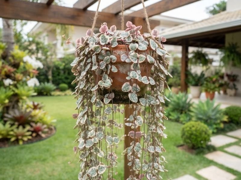 Coração emaranhado variegata em vaso pendurado com folhas claras e tons rosados