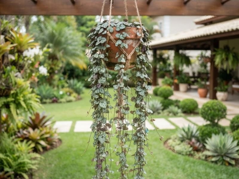 Coração emaranhado em vaso suspenso alto em ambiente ornamental