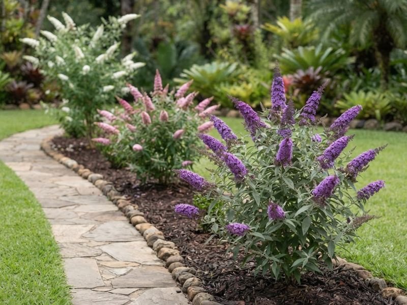 Buddleias com flores roxas, rosas e brancas plantadas em canteiro de jardim
