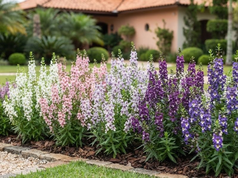 Angelônia com flores brancas, rosas, lilases e roxas em canteiro ornamental