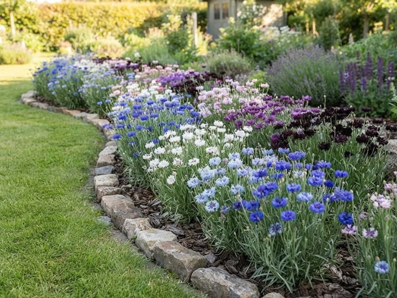 Canteiro de centáureas em azul, branco, rosa, lilás e vinho em jardim bem cuidado.
