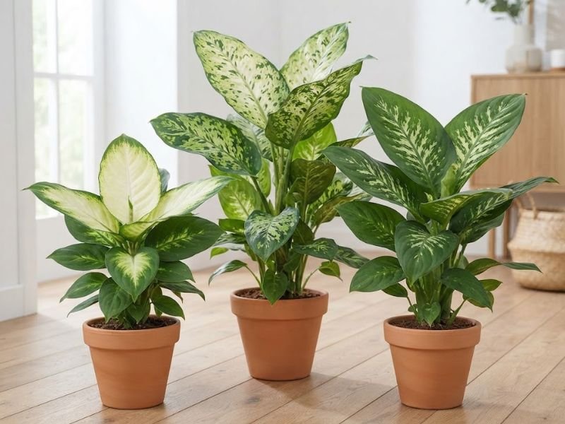 Dieffenbachia com diferentes padrões de folhas verdes, creme e claras
