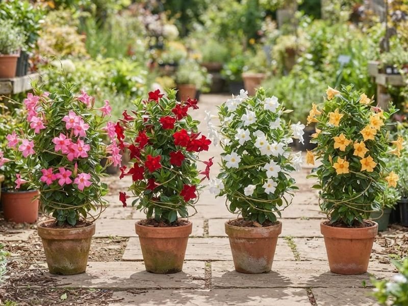 Dipladênias com flores rosas, vermelhas, brancas e amarelas cultivadas separadamente.