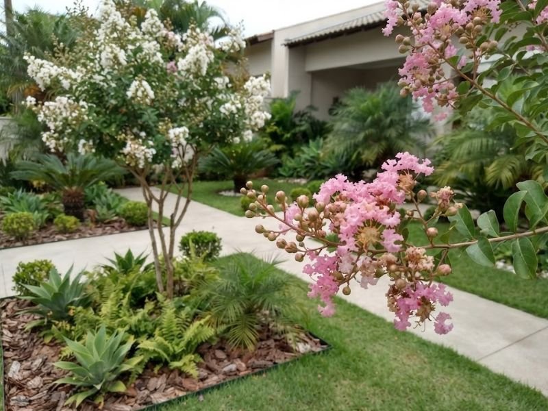 Ramo de extremosa rosa com árvore de flores brancas ao fundo
