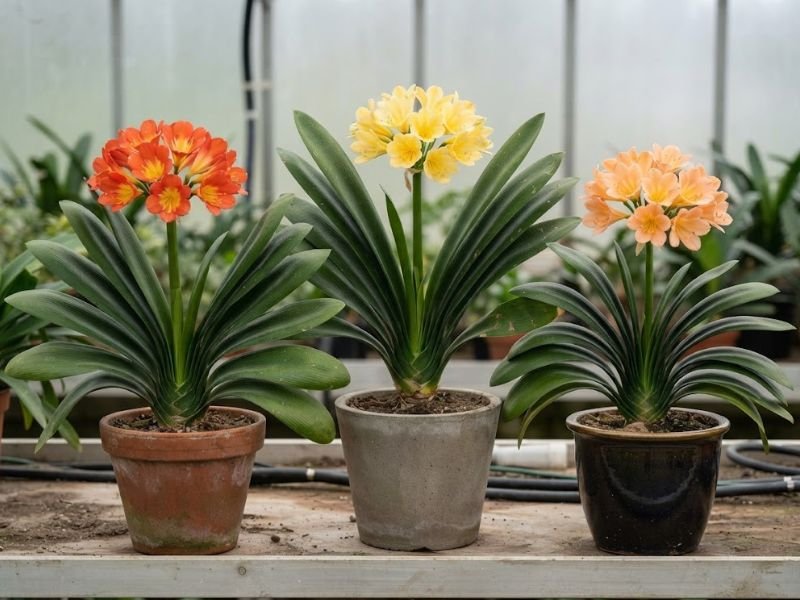 Clívias com flores laranja, amarelas e em tom salmão