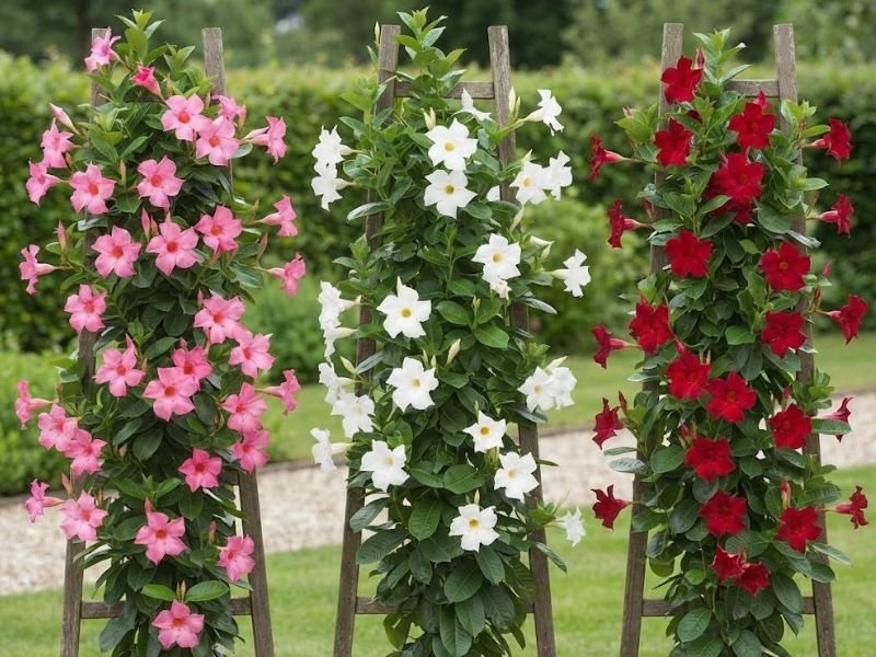 Mandevillas trepadeiras com flores rosas, brancas e vermelhas cultivadas em suportes separados.