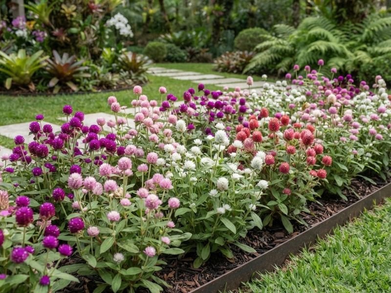 Flores perpétuas roxas, rosas, brancas e avermelhadas cultivadas juntas em canteiro