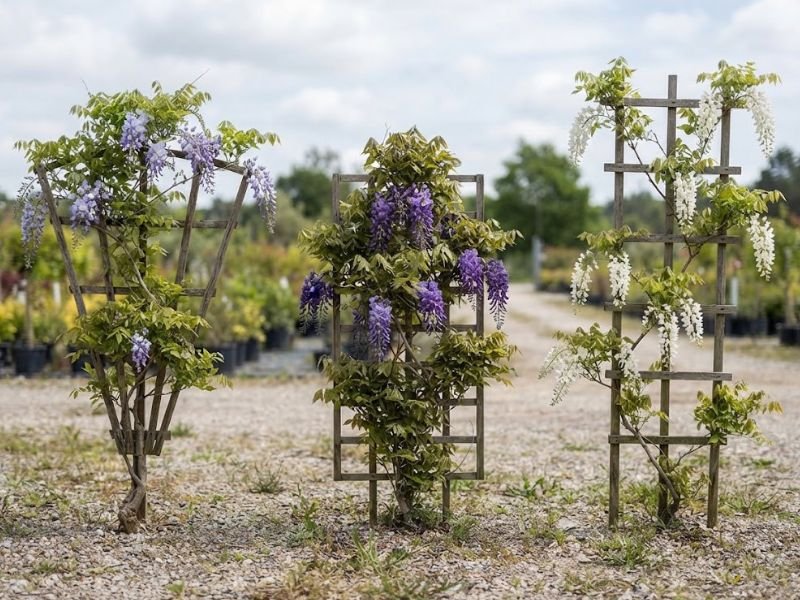 Glicínias com cachos de flores lilás, roxas e brancas conduzidas em suportes