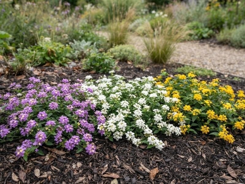 Lantanas rasteiras com flores lilases, brancas e amarelas em jardim