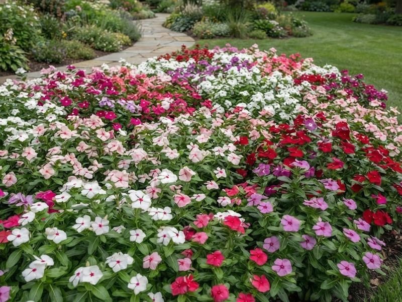 Canteiro com vincas brancas, rosas, vermelhas, magenta e arroxeadas