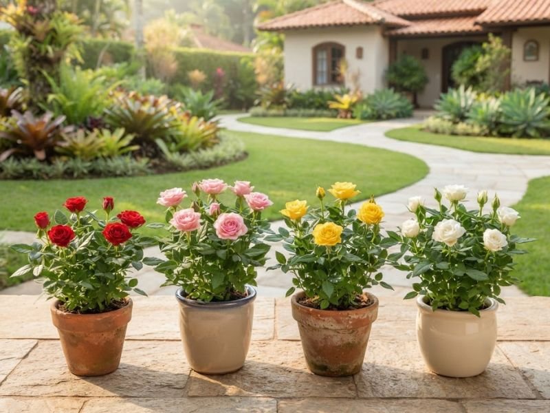 Mini rosas vermelhas, cor-de-rosa, amarelas e brancas cultivadas em vasos.