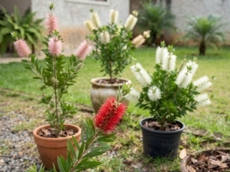 Calistemos com flores vermelhas, rosas, brancas e creme em diferentes plantas.