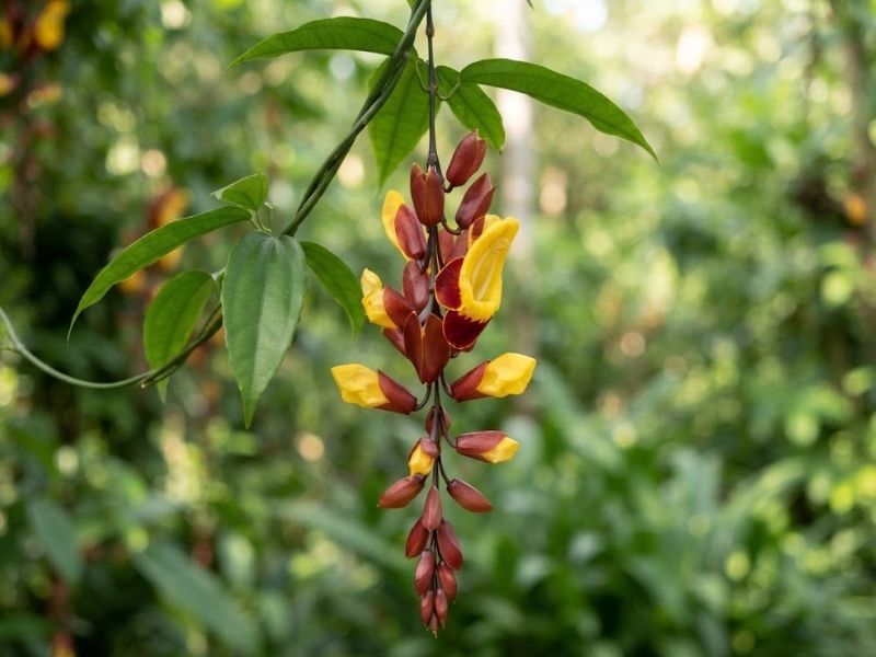 Cacho de sapatinho de judia mostrando flores amarelas e partes externas vermelho-escuras