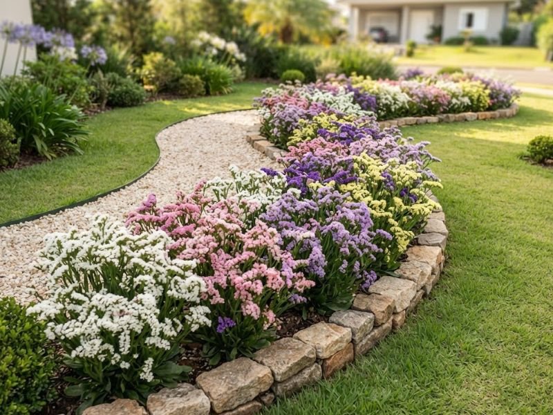 Canteiro com statice branca, rosa, lilás, roxa e amarela no jardim