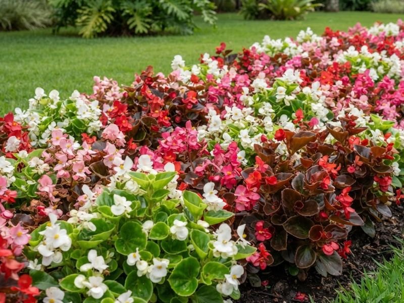 Begônias de cera brancas, rosas e vermelhas com folhas verdes e bronzeadas