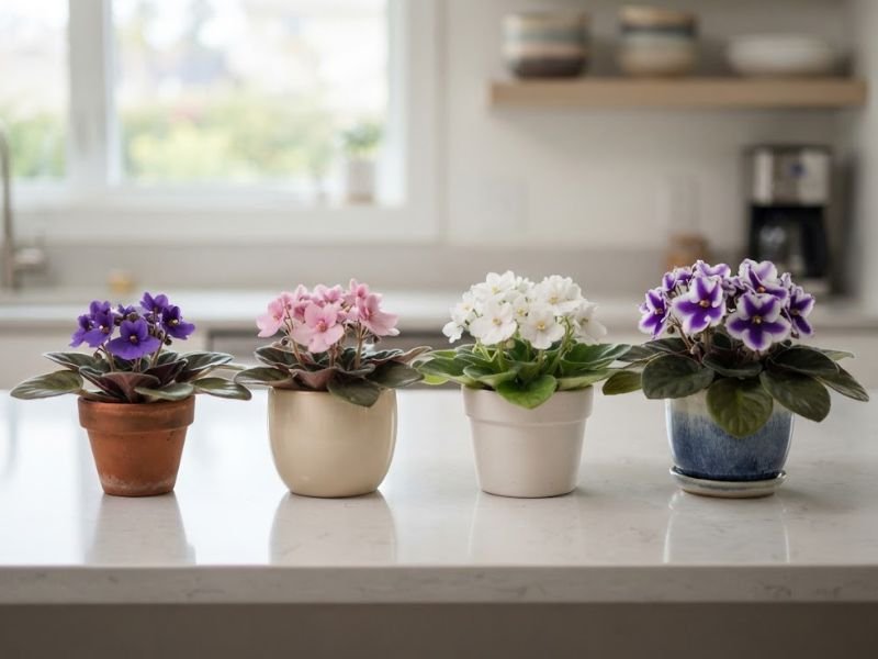 Violetas-africanas roxa, rosa, branca e bicolor cultivadas em vasos diferentes