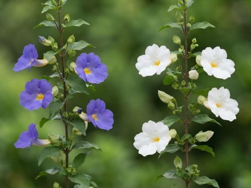 Flores violetas e brancas de tumbérgia arbustiva com garganta amarela