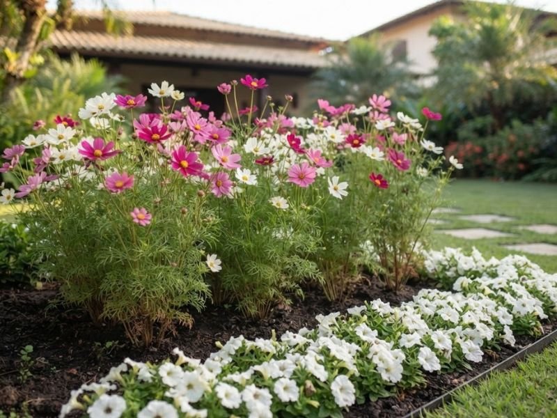 Cosmos rosas e brancos atrás de uma bordadura baixa de petúnias brancas.