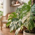 Costela de adão variegata com folhas verdes e creme dentro de casa
