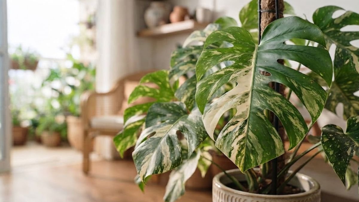 Costela de adão variegata com folhas verdes e creme dentro de casa