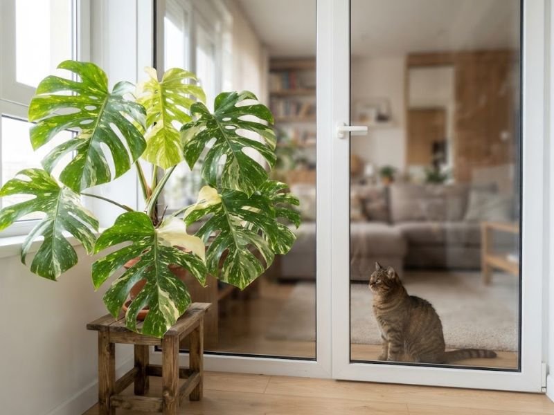 Gato separado de uma costela de adão variegata por porta de vidro