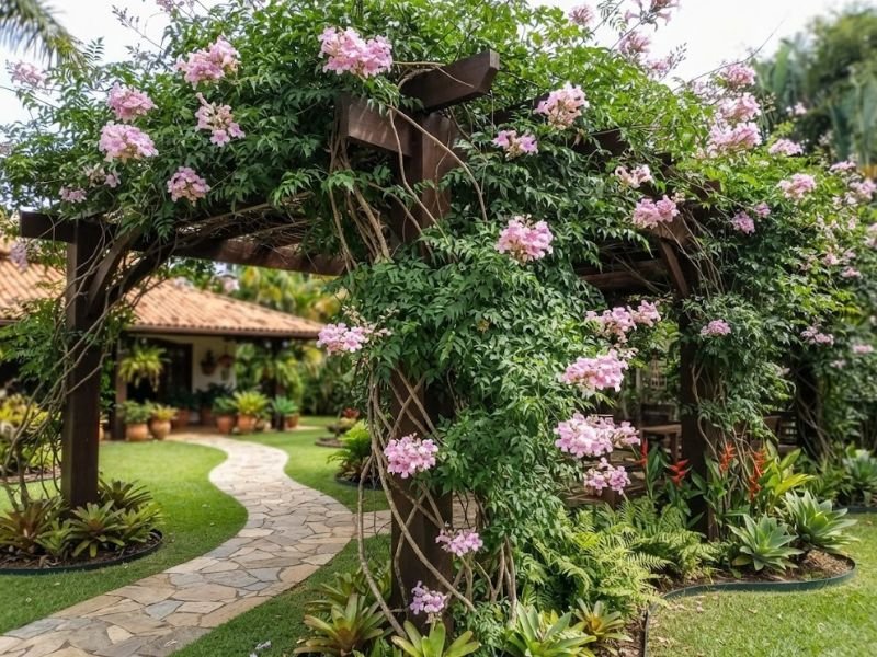 Trepadeira sete léguas ocupando grande pergolado com ramos longos, folhagem verde e flores rosadas.