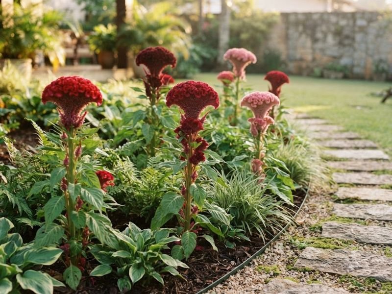 Cristas-de-galo altas e coloridas ao lado de caminho de pedras no jardim