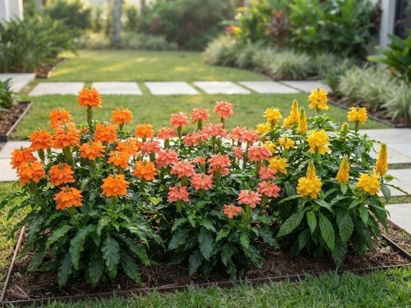 Crossandras com flores laranja, salmão e amarelas cultivadas em grupos no mesmo canteiro.