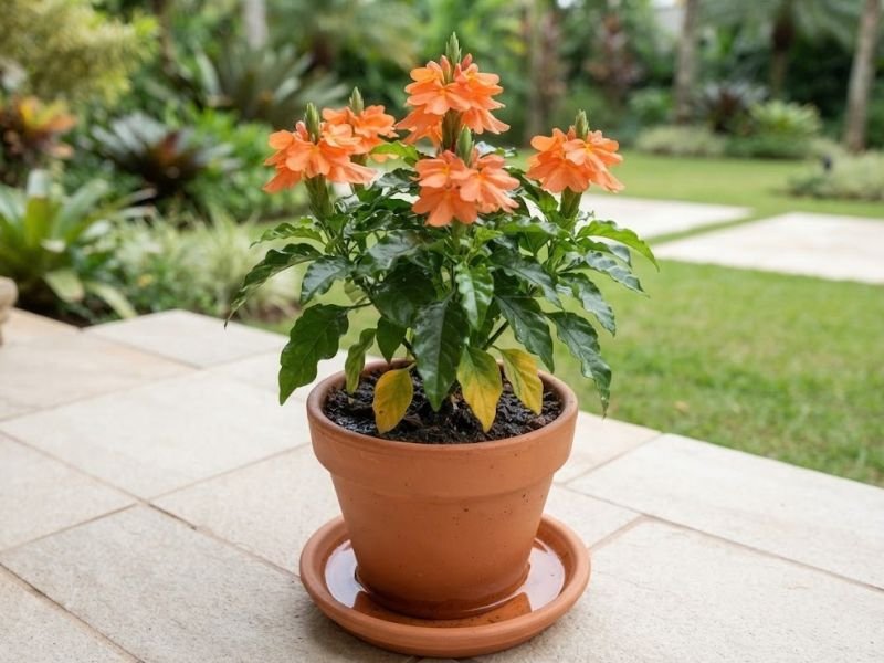 Crossandra em vaso de terracota com folhas inferiores amareladas e água acumulada no pratinho.