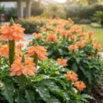 Crossandra laranja florida em primeiro plano, com canteiro de crossandras ao fundo em jardim residencial.