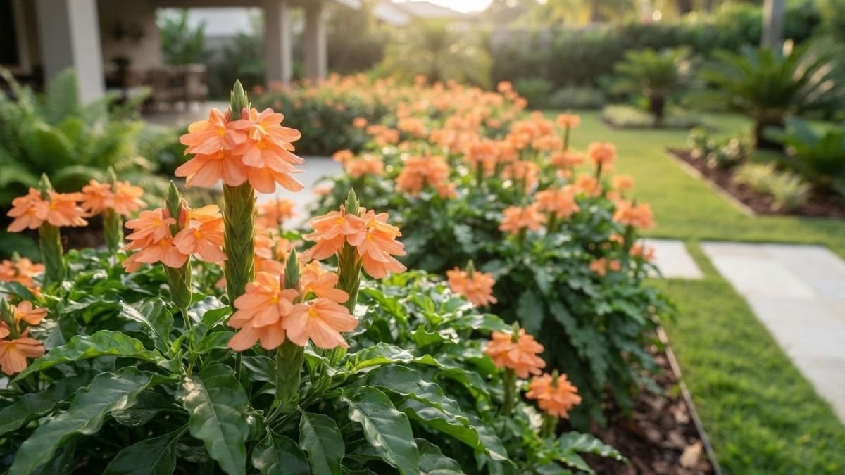 Crossandra laranja florida em primeiro plano, com canteiro de crossandras ao fundo em jardim residencial.