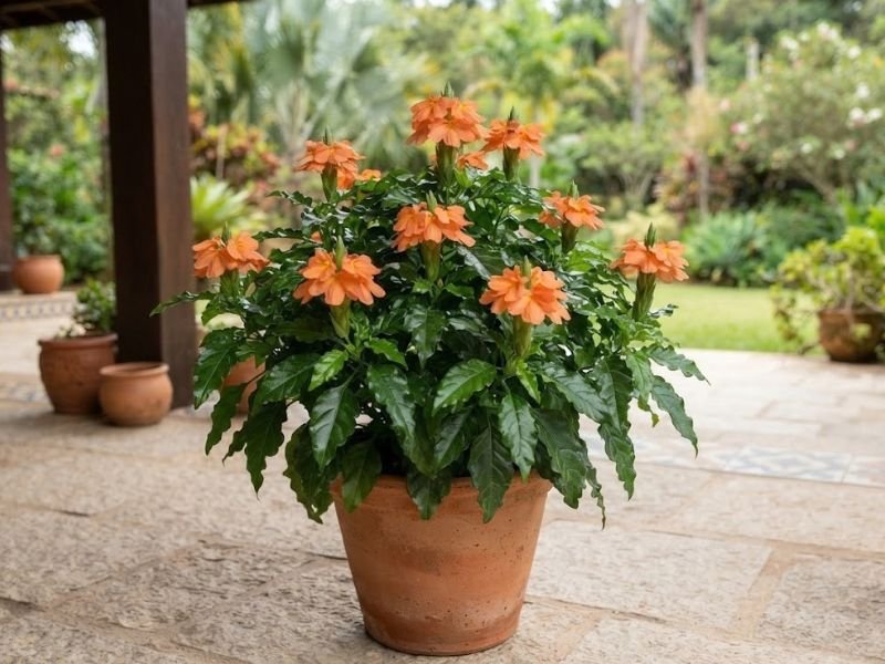 Crossandra com flores alaranjadas cultivada em vaso de terracota em varanda residencial iluminada.